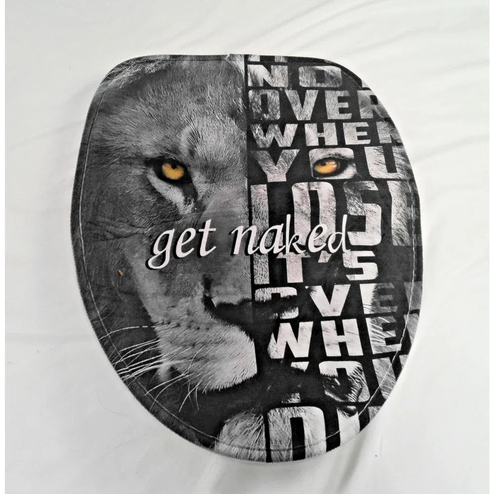 Lion Bathroom Set Lot Shower Curtain Bath Mat Rug Toilet Lid Cover “Get Naked”